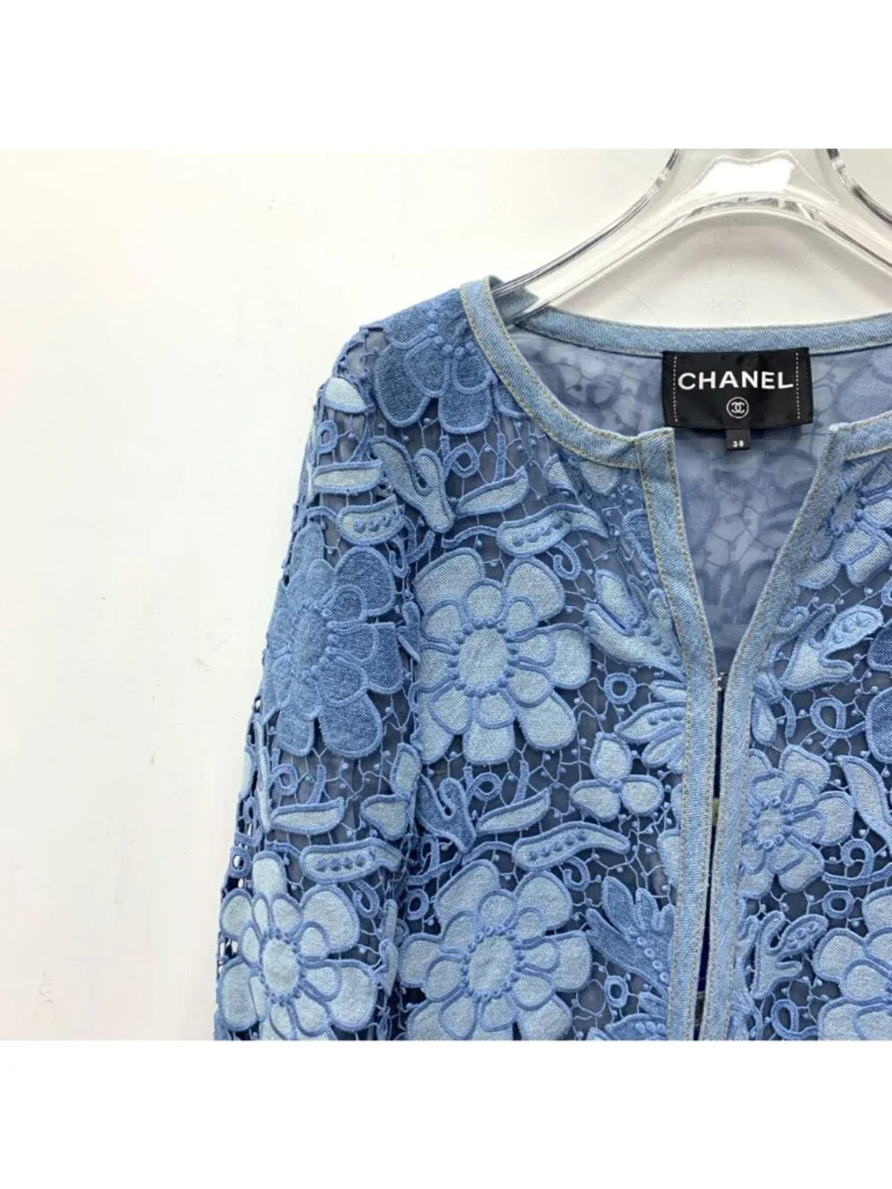 Chanel Blue Camellia Lace Embroidered Cotton Jacket